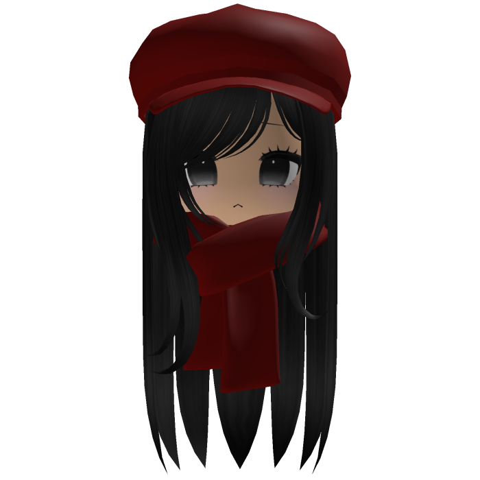 Cozy Cute Fall Girl Black Hair w/ Red Cap Scarf