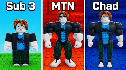 Promotional art: three panels labelled Sub 3, MTN and Chad, showing a chubby Roblox character in front of blue sky and green floor tiles, and two muscular characters on red and blue block backgrounds