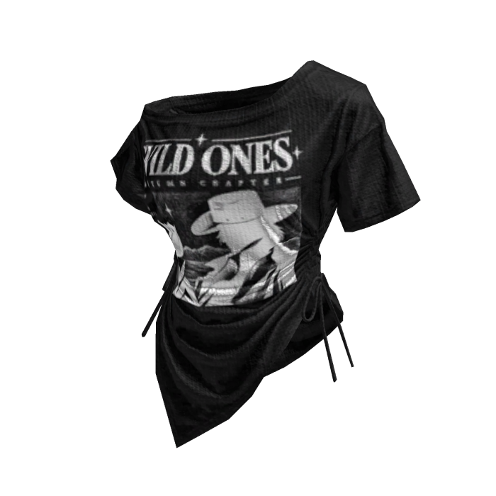 Black Off Shoulder Sinched Graphic Tee
