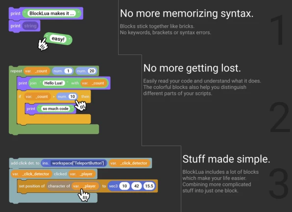 Visual Scripting+ | BlockLua | Scratch block code