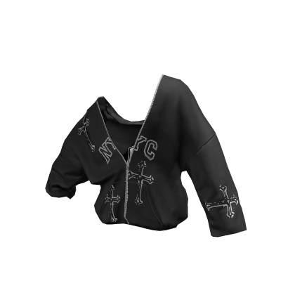 Off Shoulder Zipup Hoodie Black Jersey Cross