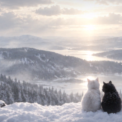 Cute Cats Snowy Mountain Winter Sunset Background