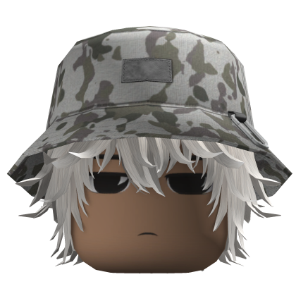 Messy Anime Hair w/ Camo Bucket Hat (White)