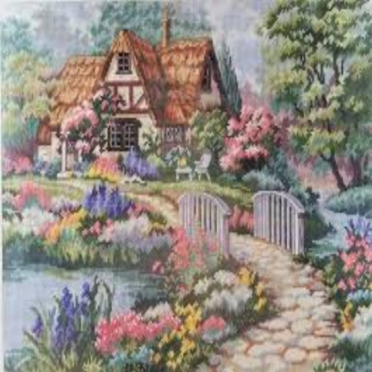 cottage, bridge, flowers, & river painting Roblox decal