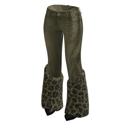 Leopard Cuff Flared Jeans (Green)