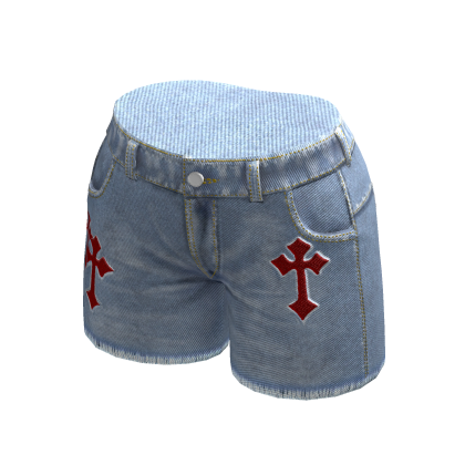 Lightwash Blue Ripped Emo Red Cross Shorts thumbnail