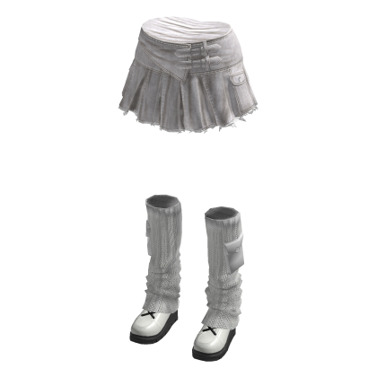 Y2K Pleated Denim Skirt w/ Leg Warmers (White)