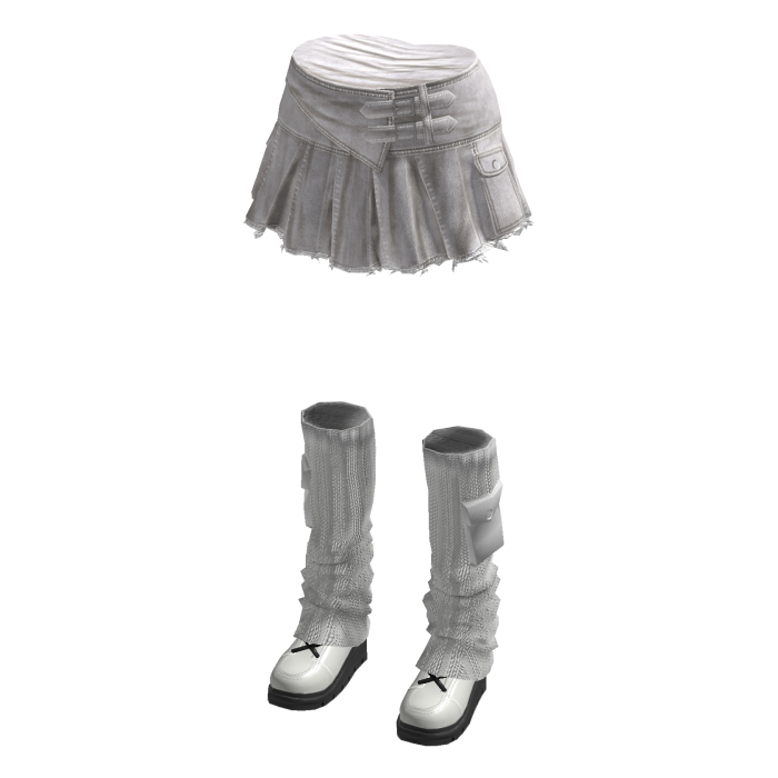 Y2K Pleated Denim Skirt w/ Leg Warmers (White)