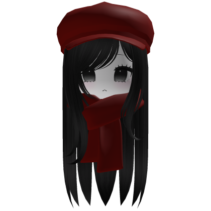 Cozy Cute Fall Girl Black Hair w/ Red Cap Scarf