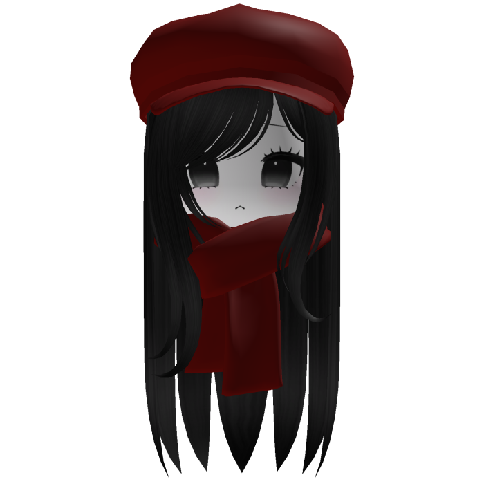 Cozy Cute Fall Girl Black Hair w/ Red Cap Scarf