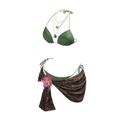 y2k Flower Bikini Wrap w Necklace (Green/Cheetah) thumbnail