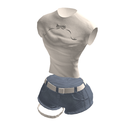 Y2K Ribbon Graphic Crop w/ Jean Shorts | Beige✔️