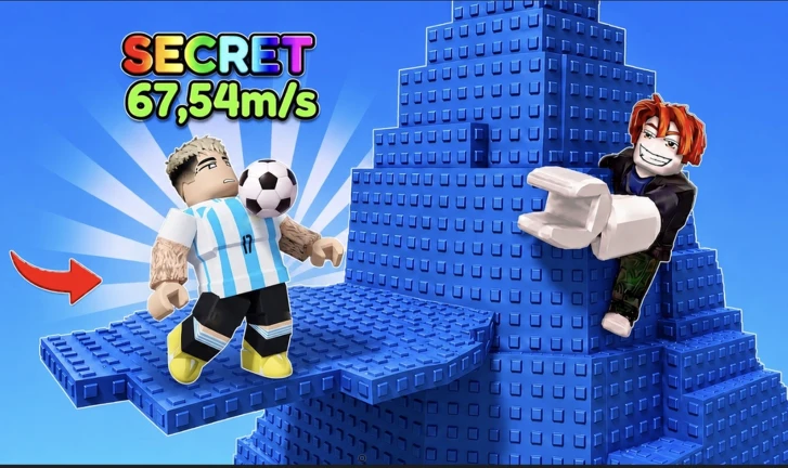 ภาพพรีวิวทางการ Jump To Steal Soccer Players: ตัวละครชุดฟุตบอลสีฟ้าขาวกำลังเดาะลูกบอลบนแท่นสีน้ำเงิน ข้างตัวละครผมแดงยื่นมือ และมีข้อความ SECRET 67,54m/s