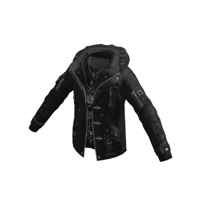 Gothic Jacket w/ Fur Hood & Cross Chain (Black)
