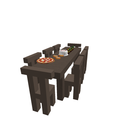 Large Wooden table with # chairs and with foods