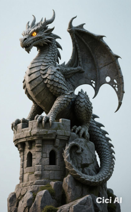 Detailed Gothic Dragon Statue - Stone Tower Monume preview 1