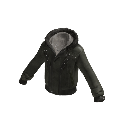 Y2K Leather Jacket w/ Fur Hood & Chain (Green)
