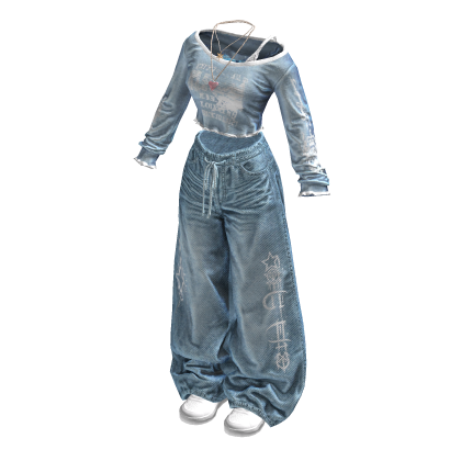 Light Blue Preppy Top w/ Jeans Girl Outfit / 02