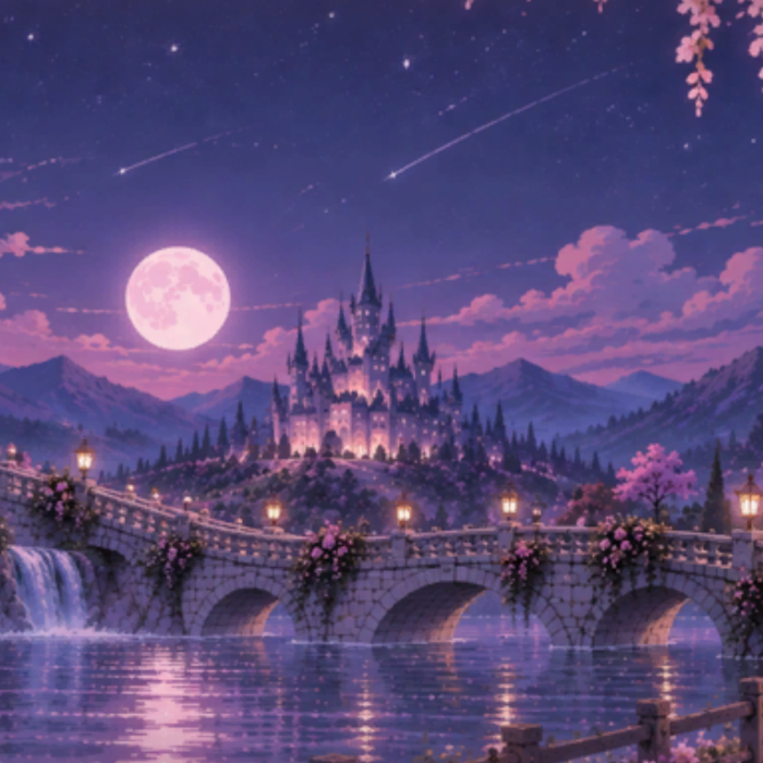 Pink Sakura Castle Moon Anime Fantasy Background