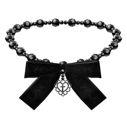 Black Heart Pearl Necklace w Bow & Cross