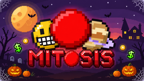 Official Mitosis Halloween Update art: the red cell, grinning yellow ball and ringed planet over the MITOSIS logo, with a full moon, bats and jack-o'-lanterns.
