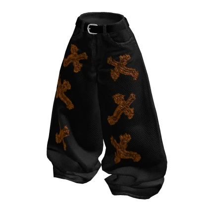 Y2K Distressed Cross Baggy Jeans (Black & Orange) | Roblox Item