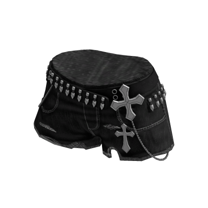 Grunge Studded Jean Shorts w/ Chain (Black)
