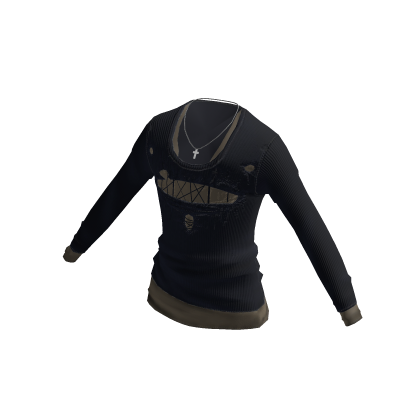 Ripped Ribbed Top w/ Necklace (Navy)