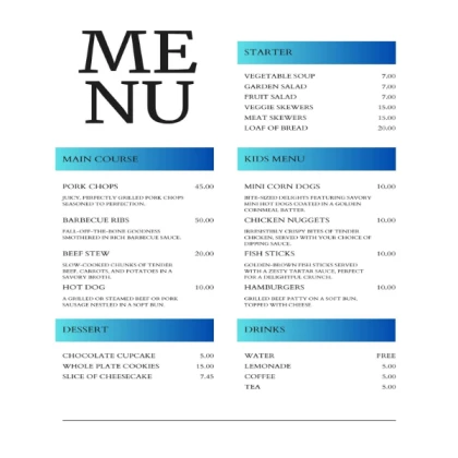 TITANS TABLE RESTARAUNT MENU