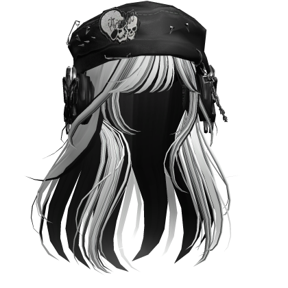 White&Black Wispy Hair W/ Black Skull Emo Beret Roblox item