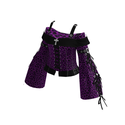 Y2K Goth Lace Up Top w/ Sleeves Purple Leopard thumbnail