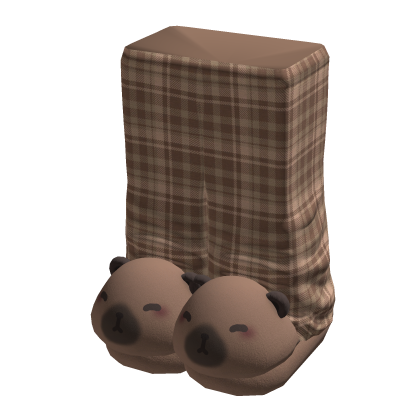 Plaid Brown Pjs w Capybara Slippers thumbnail