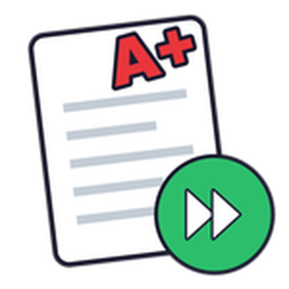Store icon: a sheet of paper marked with a red A+ and a green fast-forward badge in the corner