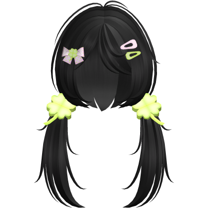 ♡ Black Cute Pigtails Hair w/ Clover Bow Hairclip Roblox item