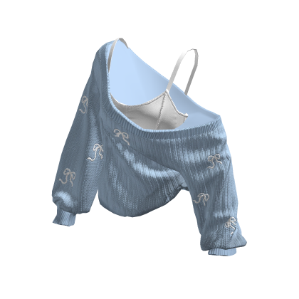 Cozy Baggy Coquette Bow Sweater (Blue&White) thumbnail