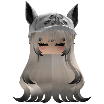 Fluffy emo Black and white hair white cat cap y2k