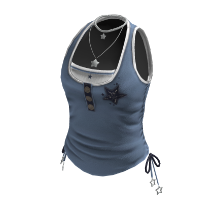 Y2K Ruched Star Tank Top w/ Necklace (Blue)