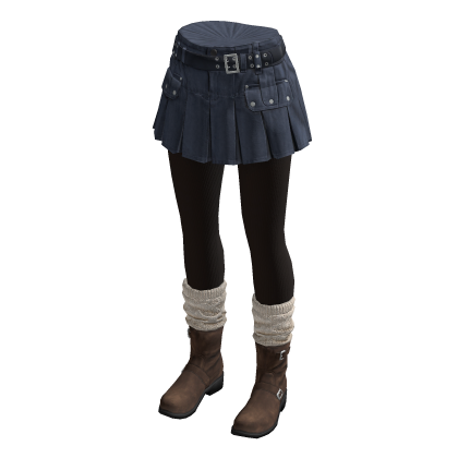 Belted Pleated Skirt with Boots (Navy)