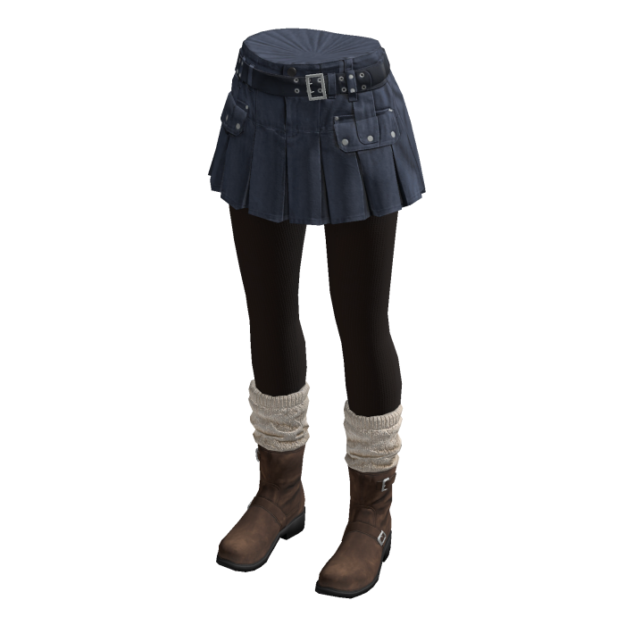Belted Pleated Skirt with Boots (Navy)