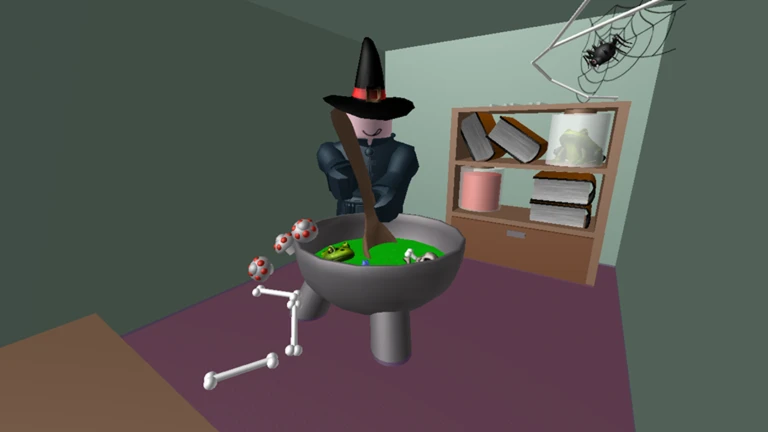 Roblox Halloween witch and cauldron scene illustrating the seasonal cosmetic theme