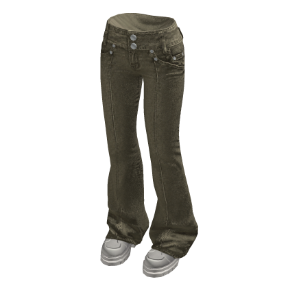 Double Button Flare Jeans w/ Sneakers (Olive)