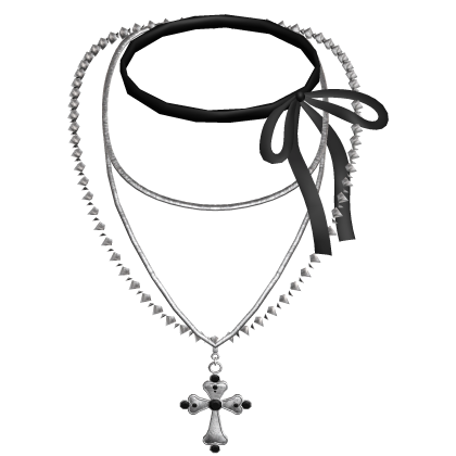 Emo Black Ribbon + Cross Silver Layered Necklace