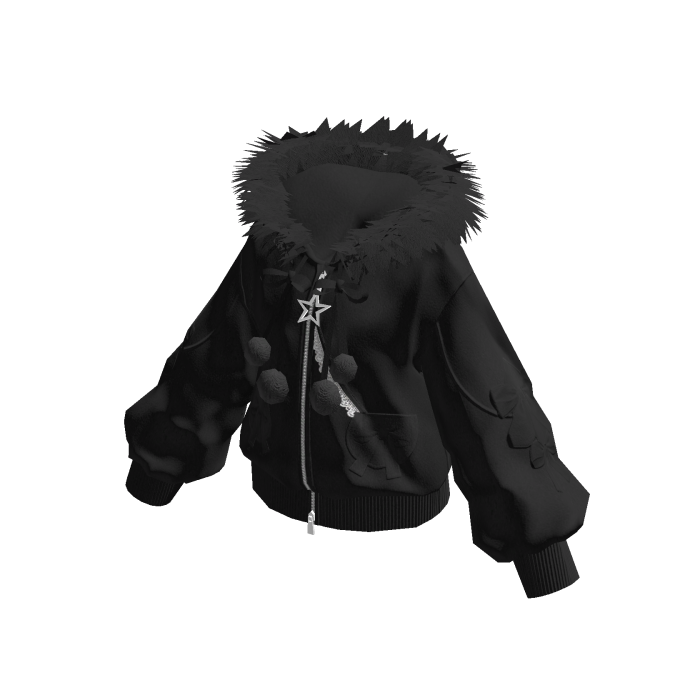 Hooded Jacket with Pom-Pom Ties (Black)