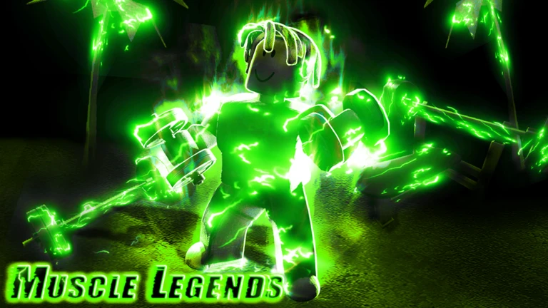 ภาพโปรโมตทางการ Muscle Legends: ตัวละครถือดัมเบลพร้อมแสงสีเขียวบนฉากมืดและโลโก้เกม