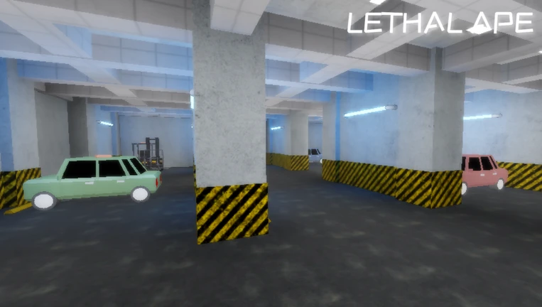 ภาพโปรโมต Lethal Ape: ลานจอดรถที่มีรถสีเขียวและสีชมพู เสาปูนติดแถบเตือนเหลืองดำ