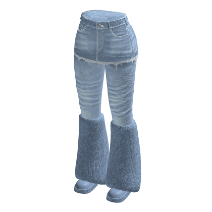 Distressed Flared Jeans Skirt Fur Boots (Blue)