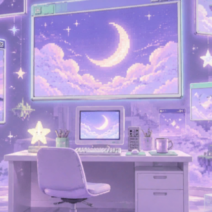 Retro computer lofi pastel gaming room set up cute