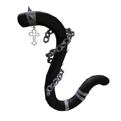 Goth Silver Chained Black Cat Tail w/ Silver Cross