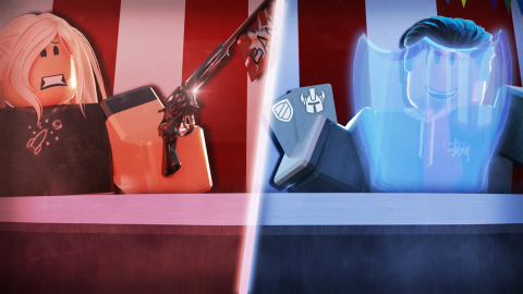 Official promotional art: a red-haired Roblox character aims a revolver toward a blue translucent figure.