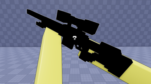 Event art: a first-person view of two pale yellow blocky arms holding a sniper rifle drawn as a solid black silhouette with a white question mark on it, in a grey tiled room